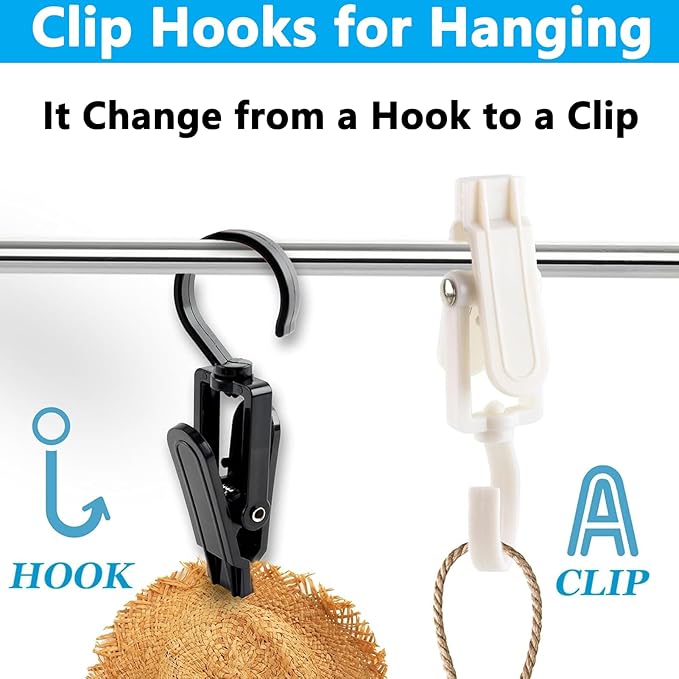 20 PCS Laundry Hooks with Clips Super Strong Plastic Home Travel Swivel Hanging Hanger Closet Organizer Clamps Socks Boot Bras Towels for Bathroom Wardrobe Kitchen - 4.3 Inches (Black+White)