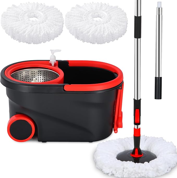 Spin Mop and Bucket with Wringer Set on Wheels, 360° Spinning Mop Bucket System with 3 Microfiber Mop Replacement Heads and 61" Stainless Steel Adjustable Handle for Floor Cleaning