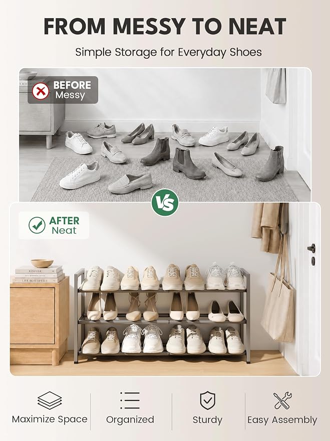 Bumusty 3-Tier Expandable Shoe Rack for Closet, 18“-33” Adjustable Shoe Rack for Small Space, Small Shoe Organizer for Front Door, Sturdy Metal, Light Grey