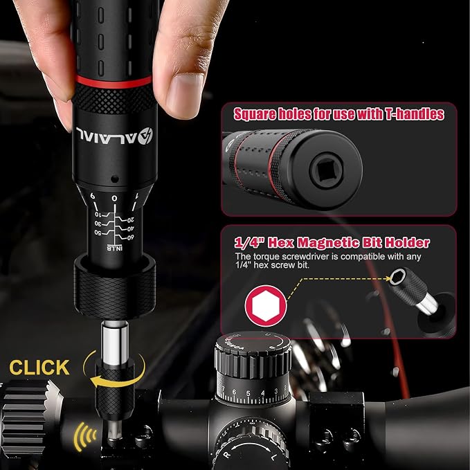 Torque Screwdriver Set 10-60 in-lb, Adjustable Torque Driver Kit | Inch Pound Torque Wrench with S2 Steel Bits & Case – Prevents Over-Tightening for Bike Repair, Scope Mounting & Optics, Red