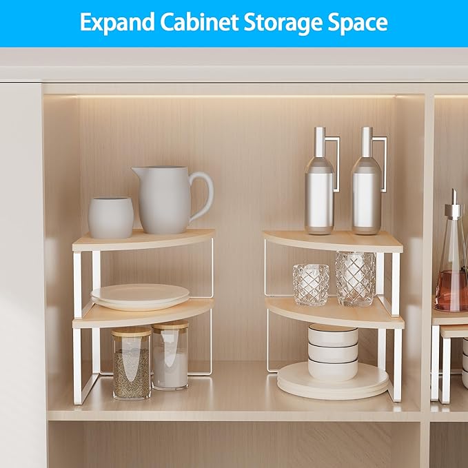 Golener Kitchen Corner Shelf, Corner Spice Rack, Counter Shelf, Stackable | Kitchen Counter Organizer, Plate Organizer for Cabinet, 2-Tier Corner Countertop Shelf, Corner Desk Shelf, Natural Beige