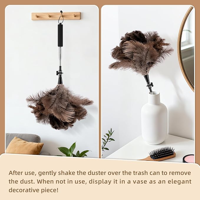 Extendable Ostrich Feather Duster for Cleaning with 49 inch Rotatable Pole | 1 Replacement Head, Natural Fluffy Ostrich Feathers, Reusable Washable Duster, for Ceiling fans, Shelves, Hard to reach Areas