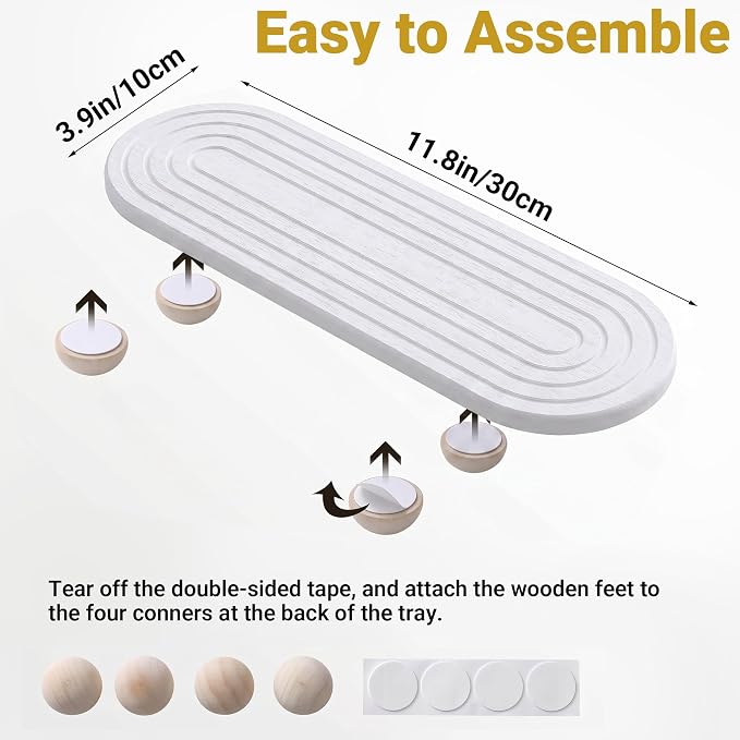 Instant Dry Stone Sink Tray, 11.8x3.9 Water Absorbing Diatomite Stone Tray for Sink with Wooden Feet, Sink Caddy Stone, Kitchen Sink Organizer (White)