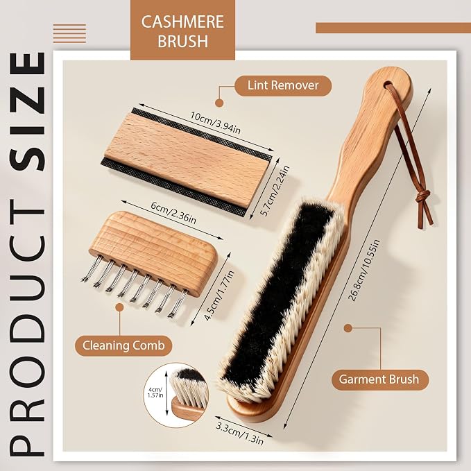 3 Pcs Clothes Brush Set Includes Garment Brush, Cleaning Comb and Lint Remover, Clothes Brushes Comb for Suit Coat Sweaters Suit and Silk, Black & White Horsehair Bristle