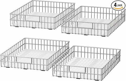 Pull out Cabinet Organizer, Stainless Steel 4-Pack (20.1"W x 21"D) Full-Extension Slide out Drawer, Adhesive Roll out Can Spice Storage Basket Shelf Rack for Pantry, Kitchen, Bathroom, Home Closet