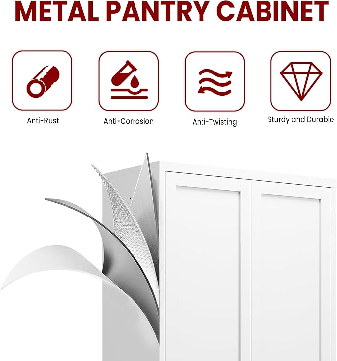 AQY 72" Pantry Cabinet, White Freestanding Storage Cabinet with 5 Adjustable Shelves, Metal Pantry Cupboard with Ventilation Design & Hanging Hooks, 2-Door Kitchen Organizer for Living Room Kitchen