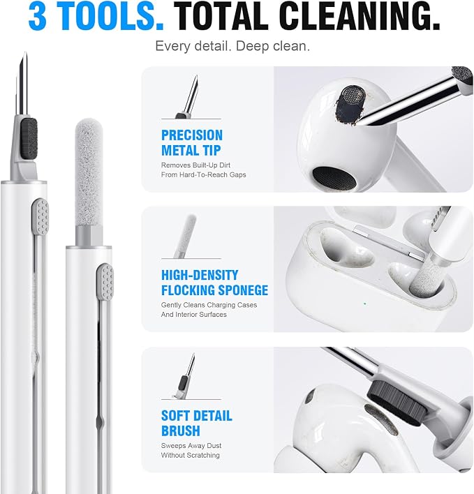 Hyashee Cleaner Kit for AirPods Pro 3/2/1, 3-in-1 Earbud Cleaning Pen with Metal Tip, Soft Brush & Flocking Sponge, Cleaning Tool for Wireless Earbuds, Charging Case, Phone, Keyboard & Electronics