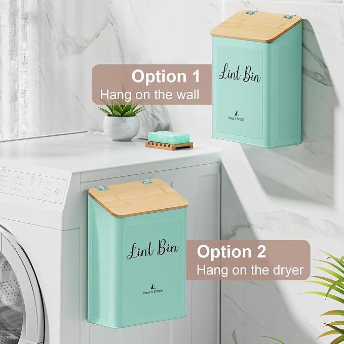 Magnetic Lint Bin for Laundry Room Organization and Storage,Light Green | Wall Mounted Metal Lint Box Holder Trash Can with Bamboo Lid for Dryer,Lint Basket for Laundry Room Decor