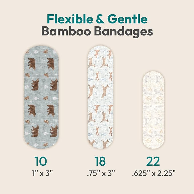 FEBU Woodland Friends Print Bamboo Fabric Bandages, 50 Count Strip | PFAS Free, Natural Hypoallergenic, Compostable, Latex Free; For Scraps, Cuts and First Aid
