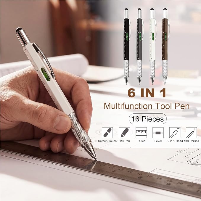 Zhanmai 16 Pcs 6 in 1 Multitool Pen Bulk Gift for Men Multi Tool Pen with Ruler Level Screwdriver Stylus Cool 40 Ink Refill Tool Gadget Birthday Christmas Stocking Stuffers (Black Gray Brown White)