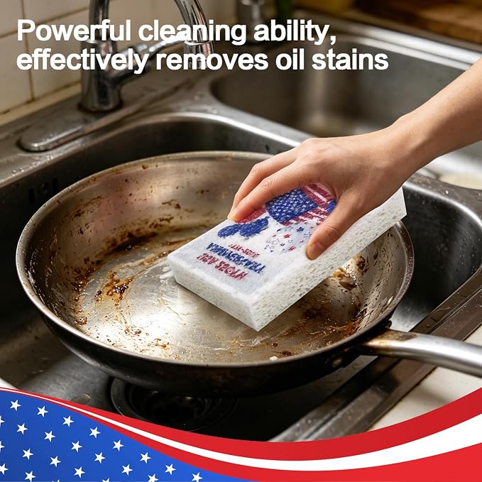 Scratch Scrub Sponge, 4th of July 6 Kitchen Sponges for Cleaning Around the Home, Bathroom & More, American Flag USA Large Size Scratch-Free Dish Scrubber (4" x 6" x 1", USA Flag)