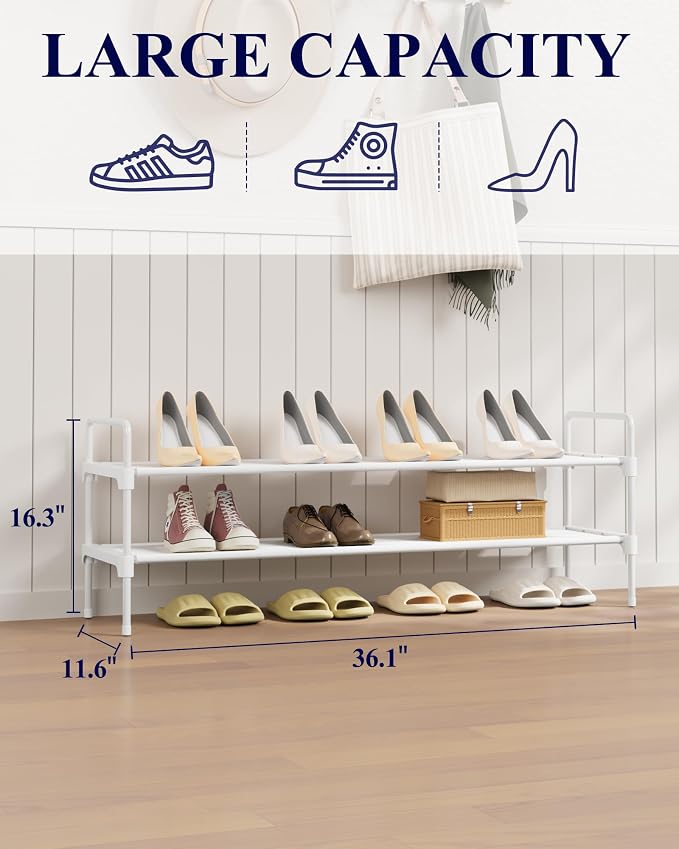 Kitsure Shoe Rack for Closet, Shoe Organizer for Front Door Entrance, Stackable Shoe Shelf, Detachable Closet Organizers and Storage, 36.1" Wide - 2 Tiers, White | Closet, Front Door Entrance, Entryway, Stackable & Detachable Shelf, Closet Organizers a...