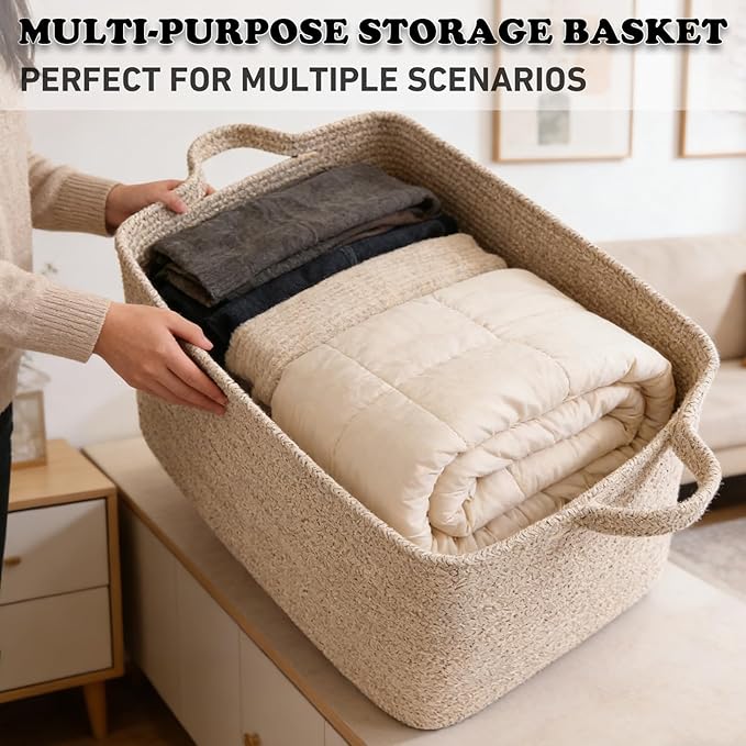 65L Large Laundry Basket with Handles,Woven Blanket Basket,Brown | 21"×16"×12" Collapsible Cotton Rope Storage Basket for Toys Clothes & Pillows, Nursery, Bathroom, Bedroom, Living Room