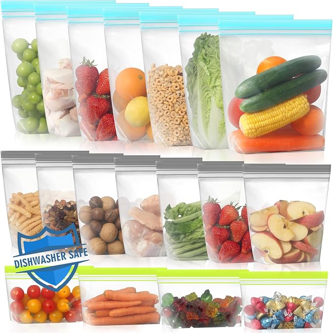 Lerine 18 Pack Reusable Freezer Bags Dishwasher Microwave Safe, Stand Up BPA Free Reusable Sandwich Bags, Leakproof Food Storage Bags for Meal Prep (Multicolor, 7Gallon 7Sandwich 4Snack)