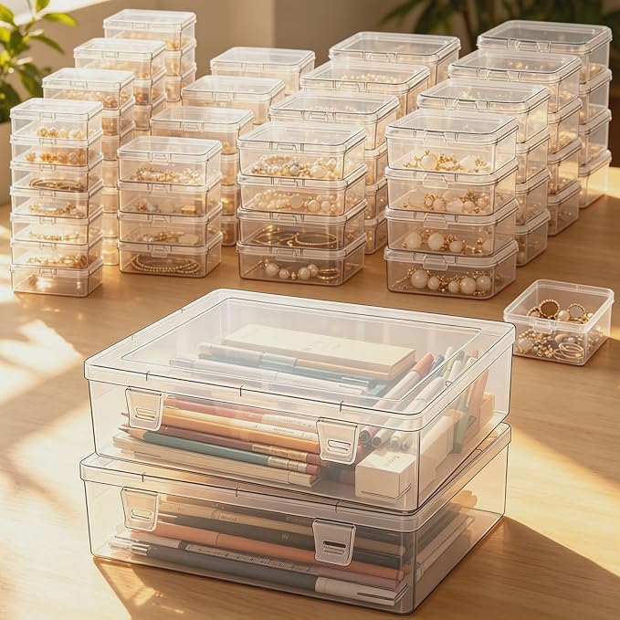 Goodma Small Bead Organizers, 78 Pieces Mixed Sizes Plastic Storage | Clear Containers, Transparent Rectangle, Craft Supply Boxes, Hinged Lid