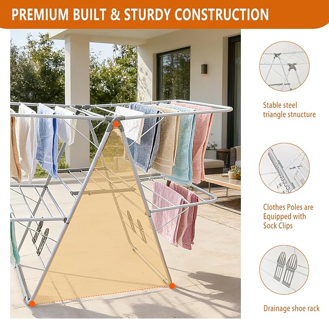 Clothes Drying Rack, Foldable 2-Level Laundry Racks for Drying Clothes Rack,Stainless Steel Drying Rack Clothing Collapsible for Indoor Outdoor,with Height-Adjustable Wings,Gray
