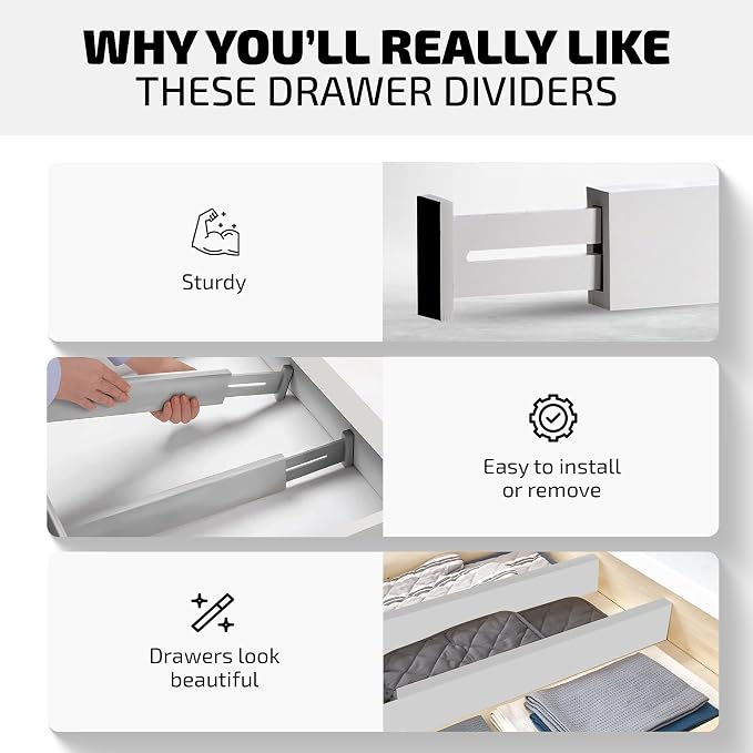 4-Pack Bamboo Drawer Dividers - 12.2 to 17.3 Inches Deep, 2.6 Inches High, Adjustable Expandable Drawer Organizer Dresser Separator for Clothes, Utensils, Kitchen, Bathroom, Office Storage, Gray