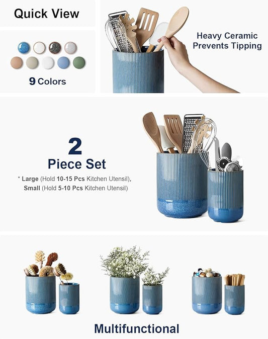 LE TAUCI Utensil Holder for Kitchen Counter, 7.3"+5.4" Fluted Ceramic Utensil Crock Organizer for Countertop, Heavy Large Holder for Spatulas, Spoons, Set of 2, Blue Marble