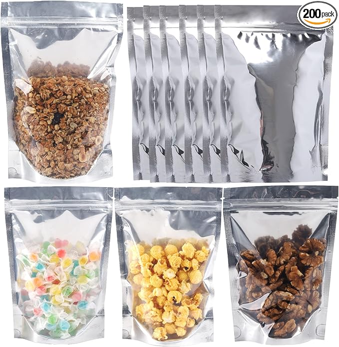 200 Pack 5x8 Mylar Bags with Window Stand Up Bgas 7.5mil Thick for Food Storage and Resealable for Small Business Packaging Bag | 7.5 Mil Thick, Food Storage, Resealable Closure, Small Business Packaging, Upright Base, Viewing Panel