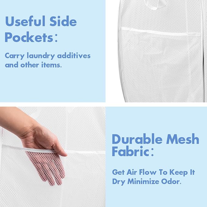DUCOO Pop Up Laundry Hamper, 70L Collapsible Mesh Laundry Basket with Side Pocket, Foldable Dirty Clothes Hamper with Sturdy Reinforced Handles for Home Dorm Bedroom Travel Storage, White, 2Pack