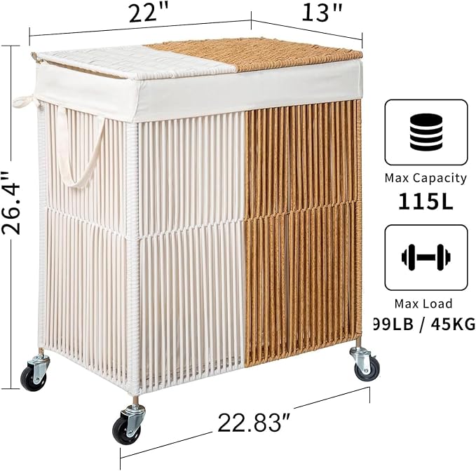 WOWLIVE Rolling Laundry Basket Wheels, Handwoven Laundry Hamper with Lid | Double Clothes Hamper with Divided Removable Bag, 115L Large Laundry Sorter 2 Section, Laundry Room Organization