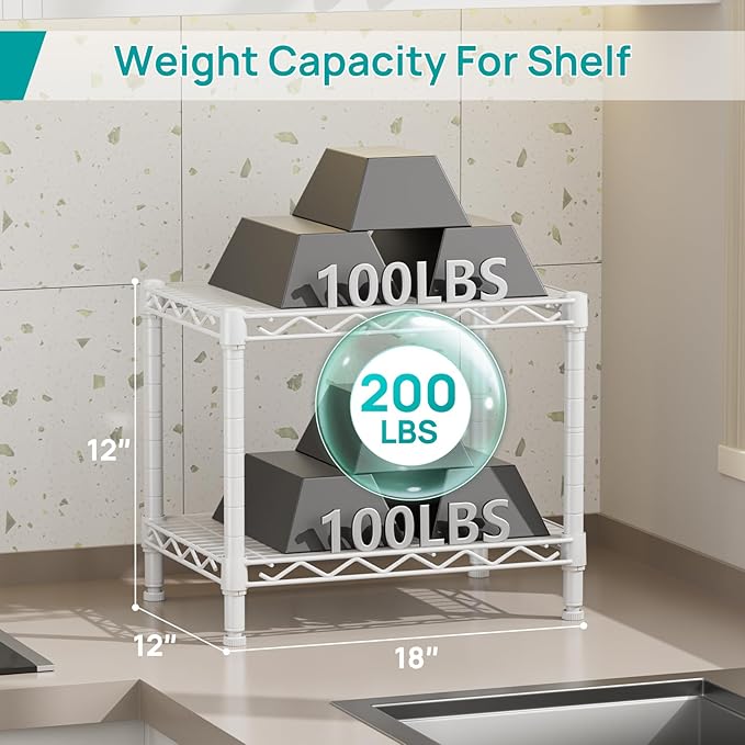 SINGAYE Small Shelves Kitchen Storage Shelf Wire Shelving Metal Adjustable | 2 Tier Shelf Organizers Storage Shelving Unit for Office Pantry Laundry Bathroom Closet Home 11.6" D X 17.6" W X 12" H White