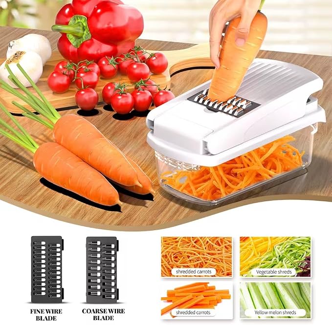 11-in-1 Vegetable Chopper with 8 Blades – Multifunctional Food Chopper & Mandoline Slicer, Onion Dicer, Potato & Carrot Cutter with Container, Kitchen Gadget (White/Black)