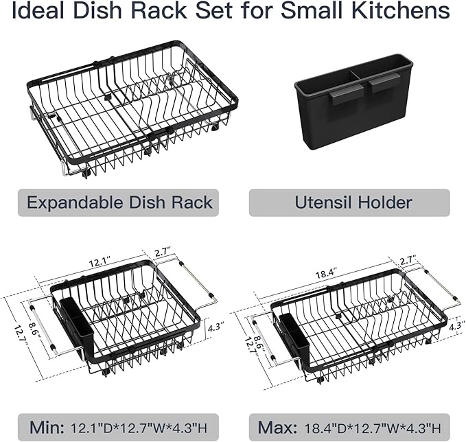 MAJALiS Dish Drying Rack Over The Sink with Utensil Holder | Expandable Stainless Steel Dish Drainer for Small Kitchen, Apartment, RV, Counter Space Saving, Perfect Fit, Rustproof