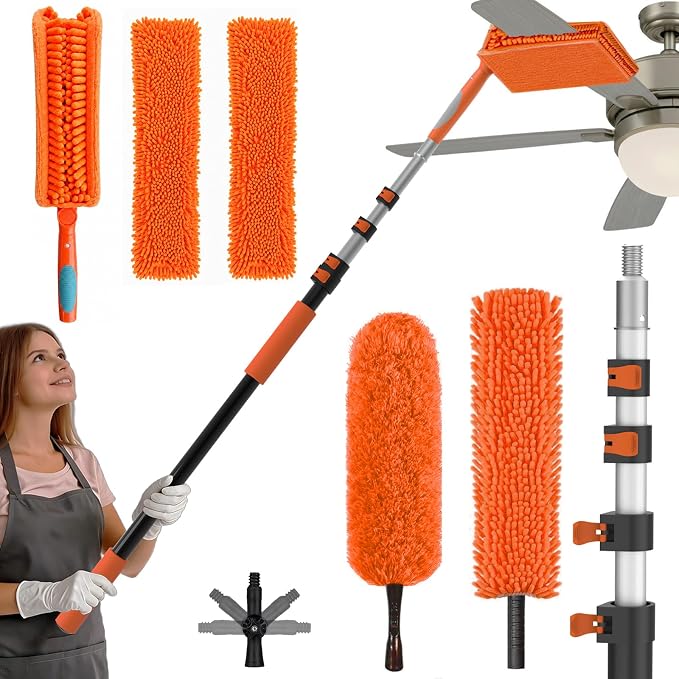 SISIUPASSIE 36FT Reach Ceiling Fan Cleaner Duster, Ceiling Fan Blade Cleaner with Extension Pole, Washable & Replaceable Microfiber Feather Duster Kits