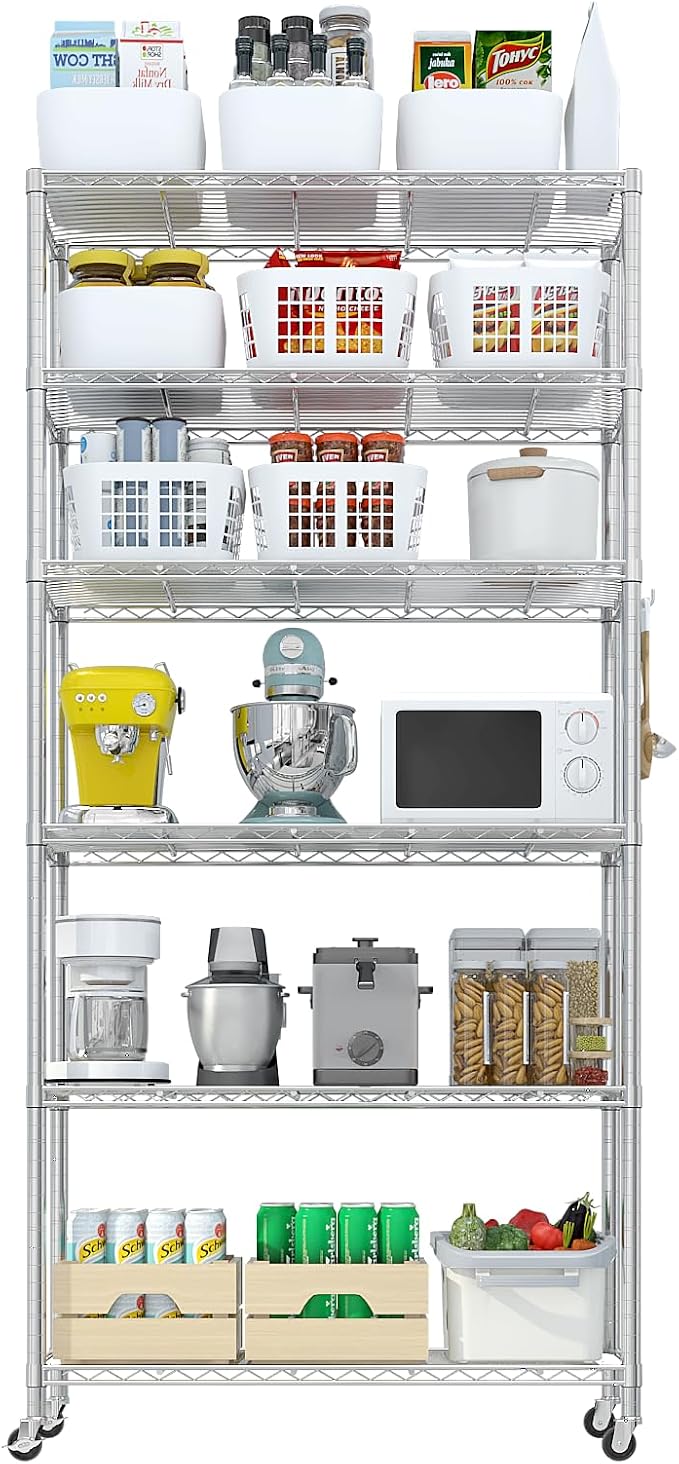 Karl home Silver 6-Tier Wire Storage Shelving with Wheels | Adjustable Storage Unit , Size 78.7"H X 35.4" W X 17.7" D, Suitable for Garage, Kitchen and Basement