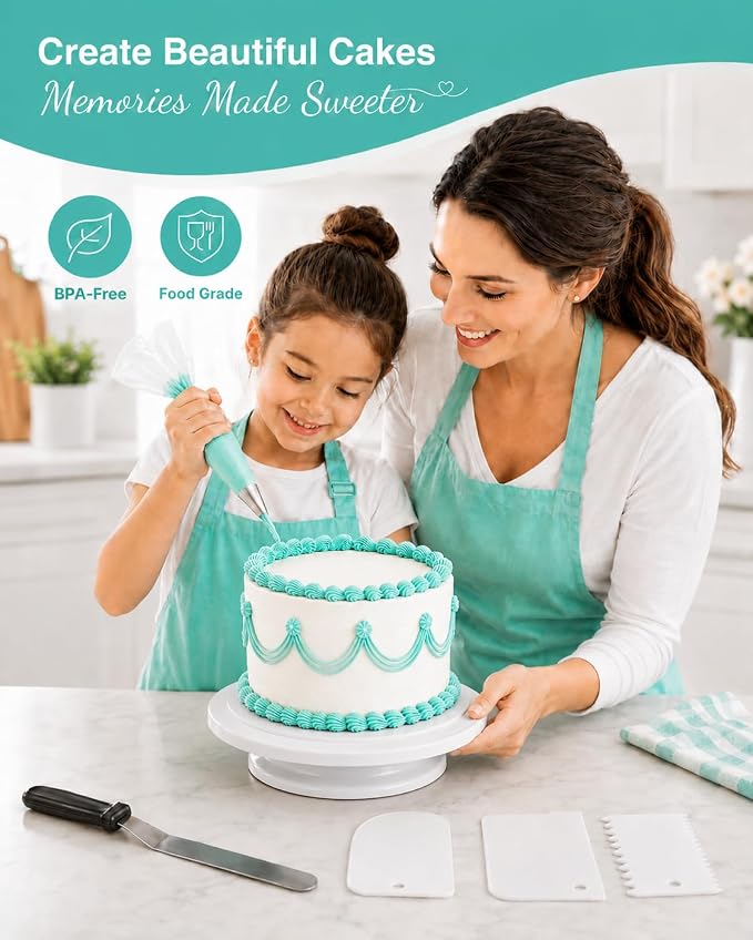RFAQK 72PCs Cake Decorating Supplies Kit for Beginners - Cake Turntable with 50 Piping Bags, Bags Coupler, 12 Numbered Piping Tips, Offset & Straight Spatula, Icing Scrapper Set for Cake Decoration