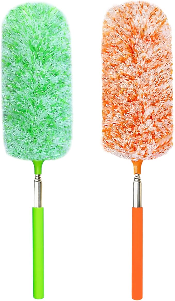 2 Pack Extendable Microfiber Feather Duster, Electrostatic Microfiber Head, Up to 30 Inch Extension Pole, Car Duster, Telescoping Feather Dusters for Cleaning