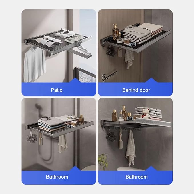 Pilipane Retractable Clothes Drying Rack Wall Mount Foldable Laundry Organizer with Breathable Mesh Platform for Patio Bathroom Aluminum 42x37.8cm (Gray)