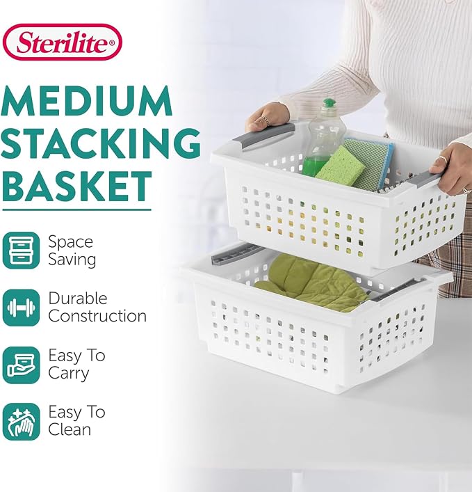 Sterilite 16 Pack Medium Stacking Basket, Open Top Storage Bin with Handles, White - Ideal for Home Closets, Kitchens, or Office Organization