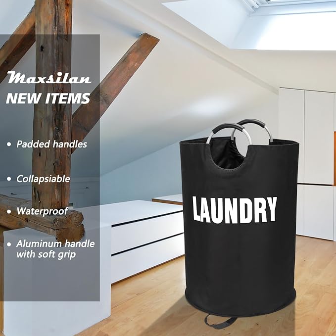 Maxsilan 160L XX-Large Laundry Basket Bag, Collapsible Tall Hamper, Black | Freestanding tall laundry bag & foldable washing basket. Extra large clothes storage bin with durable sturdy handles