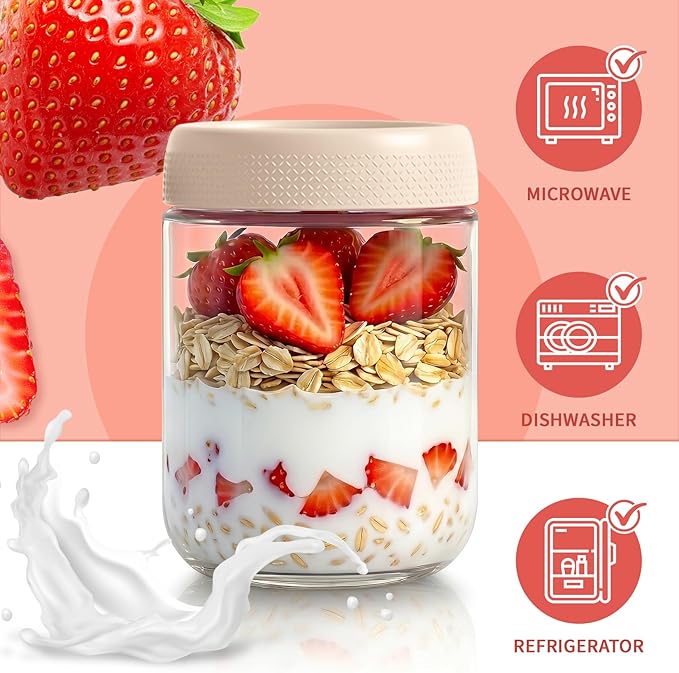 16 oz Overnight Oats Containers with Lids, Yogurt Containers with Lids | 6 Pack Glass Storage Containers with Lids, Wide Mouth Mason Jars, Glass Jars with Airtight Lids for Yogurt, Chia Seed, Prep