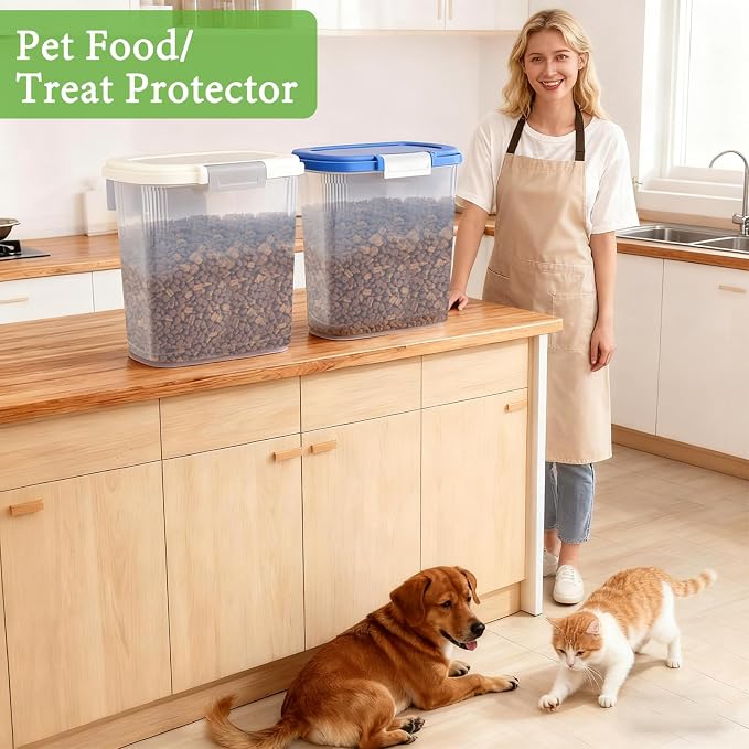 10-15 Lbs Dog Cat Pet Food Storage Container Airtight, Slim Dry Food Bin | Clear Plastic Food Container for Dogs, Cats, Bird Seeds, Kibble, Pellets, Rice, Flour, Food Container with Lid, Scoop and Cup