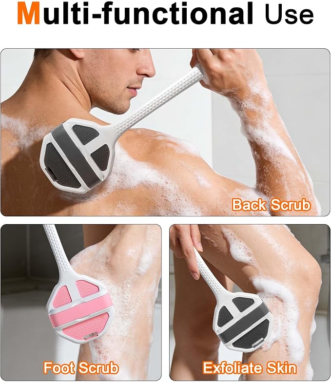 Back Scrubber for Shower, 2-Pack Long-Handled Silicone Shower Brush for Men, Body Brush with Stiff and Soft Bristles for Body Exfoliation and Massage, (Gray+Pink)
