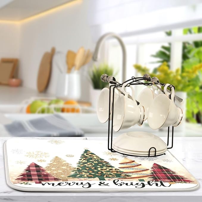 Christmas Tree Golden Dish Drying Mat for Kitchen Countertop 16x18 Winter Snowflake White Xmas Small Drying Mat Reusable Quick Dry Dish Sink Mats Easy Clean Decorative Essentials