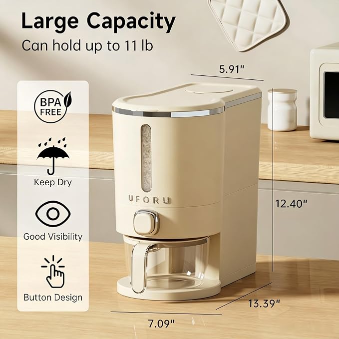 UFORU Rice Dispenser, Rice Storage Container with Measuring Cup for Kitchen Pantry Household, Dry Food Storage Containers Airtight, Sealed Moisture Proof, Cream White 13 Lbs
