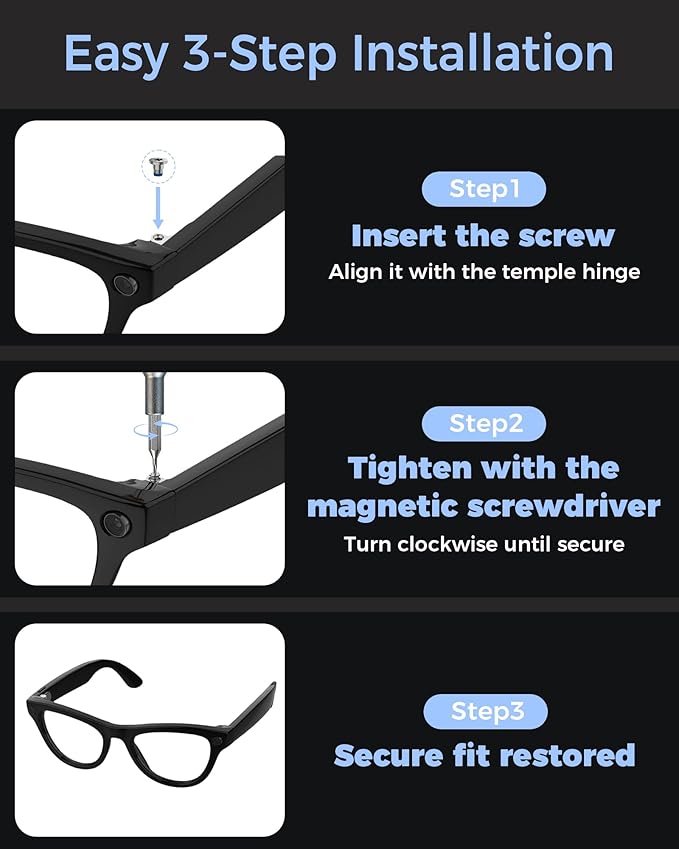 Screwdriver & Screw Kit for Ray-Ban Meta & Oakley Meta Gen 1/2 | Magnetic Eyeglass Temple Repair Tool Set with 10 Screws, Metal Case for Wayfarer Skyler Headliner Display HSTN