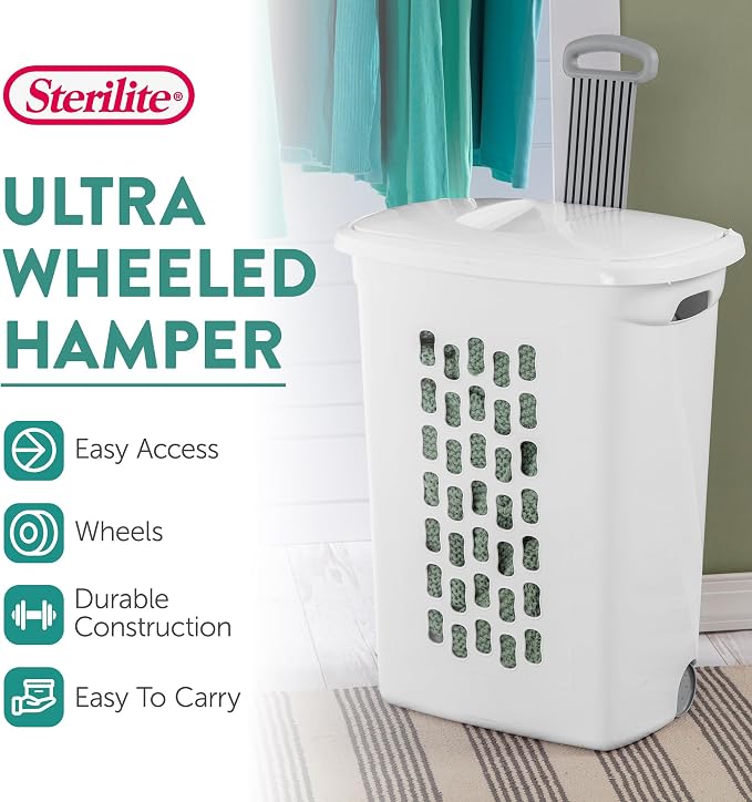 Sterilite Ultra Wheeled Hamper, Laundry Basket w/Flip-Top Lid, 6-Pack | Plastic Rolling Clothes Storage Cart with Retractable Handle & Ventilated Holes for Home, Apartment or Dorm
