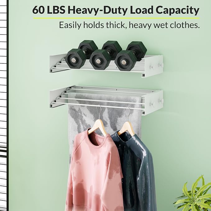 Foldable Wall Mounted Drying Rack, Stainless Steel Expandable Clothes Drying Rack with 6 Knobs, Heavy Duty Laundry Drying Rack for Apartment, Laundry Room, Balcony, 4 Thickened Rods