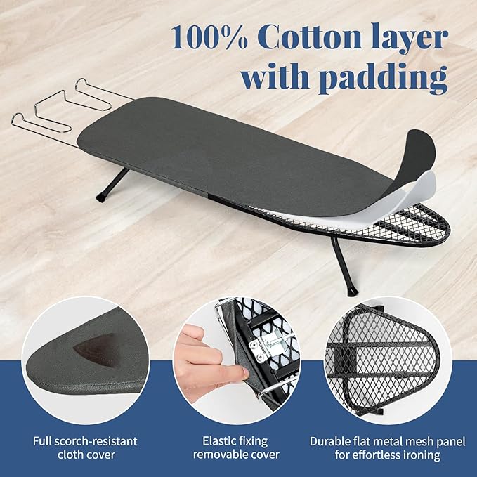 Small Ironing Board Foldable, BlissBoard Tabletop Iron Board with Cover and Pad, Metal Frame Mini Ironing Table Countertop for Space Saving, 31"x12", Black