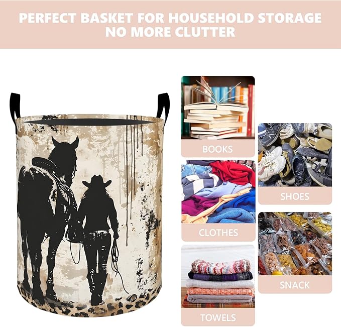 Western Cowgirl Horse Laundry Basket Hamper 19.7"x15.8", Organizer Bins Gifts for Kids Boys Girls, Country Farmhouse Foldable Waterproof Oxford Clothes Storage Bucket for Bedroom Bathroom Decor