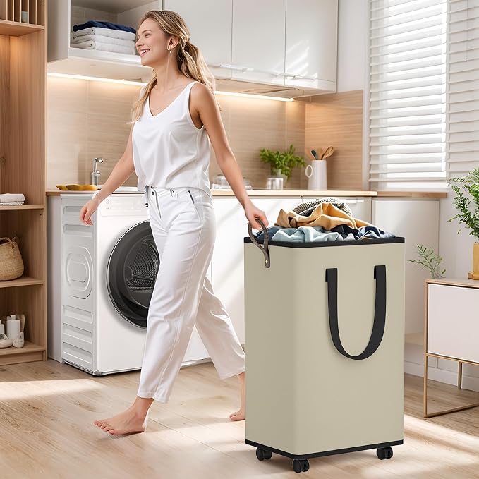SpaceTrove Rolling Laundry Basket with Wheels, Laundry Hamper, 100L, Beige | Collapsible, 4 detachable wheels including 2 with brakes, sturdy handle, metal frame, for dorms, bathrooms and bedrooms