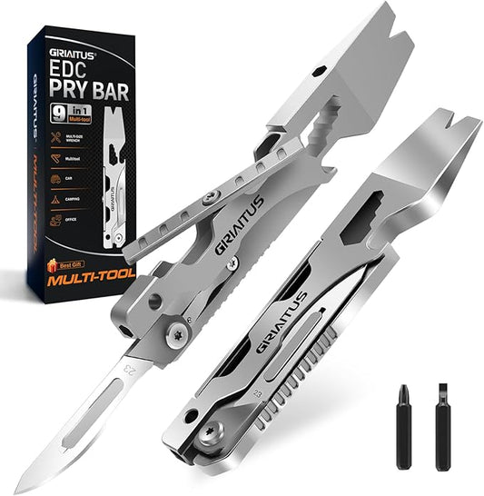 Multitool Pry Bar Wrench Tool Flat/Phillips Screwdriver, EDC Gifts for Men | Folding Multi-tool Box Cutter Blade Knife, Bottle Opener, Steel Handle, Everyday Carry, Cycling, Camping EDC Pocket Gadget