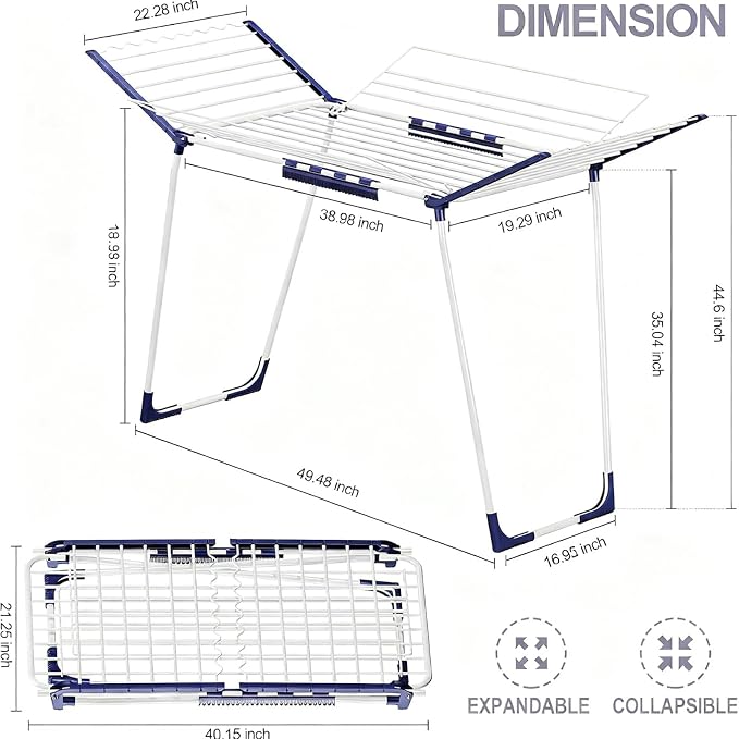 APEXCHASER Clothes Drying Rack, Drying Rack Large Space with 4 Wings | Foldable Design, 5 Drying Spaces, Spacious Design with 4 Frame Supports, Folds Flat for Storage, Rust-resistant Coating