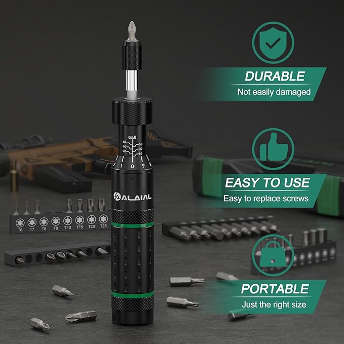 Torque Screwdriver Set 10-60 In-lb, Adjustable Torque Driver Kit | Inch Pound Torque Wrench with S2 Steel Bits & Case – Prevents Over-Tightening for Bike Repair, Scope Mounting & Optics, Green