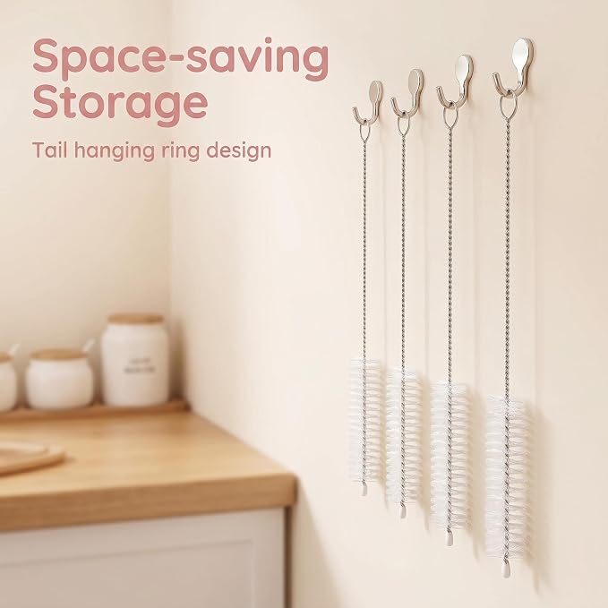 4 Pack Long Handle Pipe Cleaning Brush Set, Soft Bristle Deep Clean Detail Brush for Straws, Narrow Bottles, Small Tubes, Crevices
